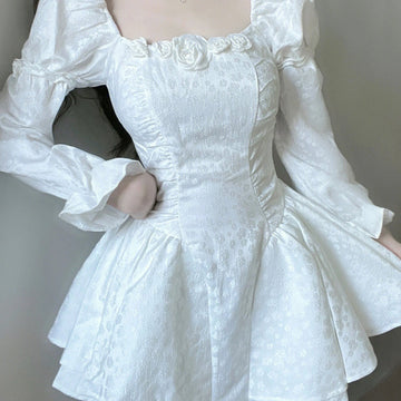 Gown Square Neckline White Lace Holiday Dress Birthday Dresses Birthday Outfits SD1241